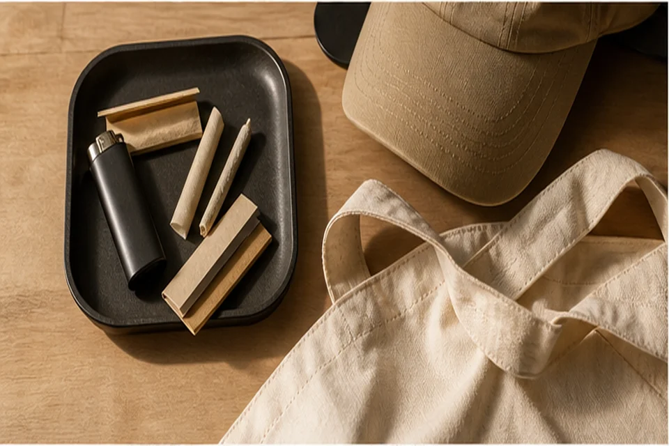 Clean flat lay of neutral accessories and merch on a tabletop