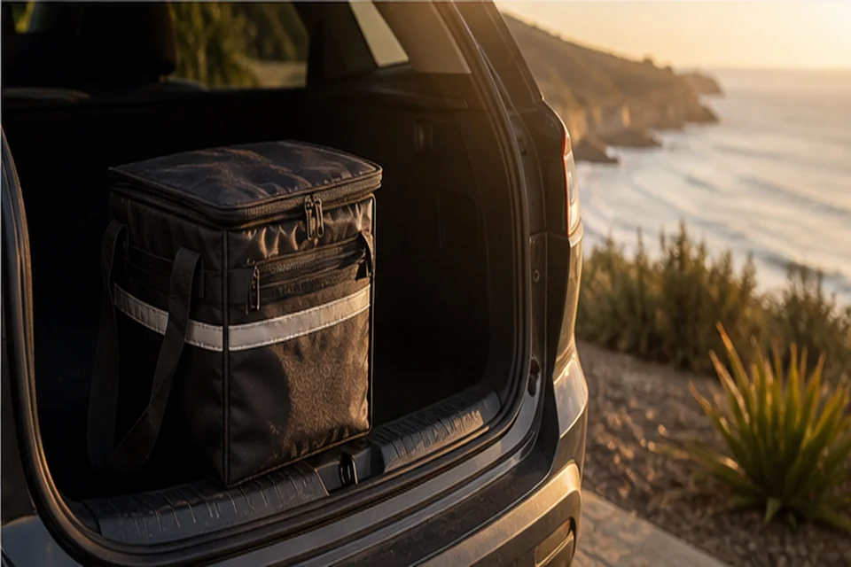Insulated delivery bag in a car near the San Diego coast at golden hour