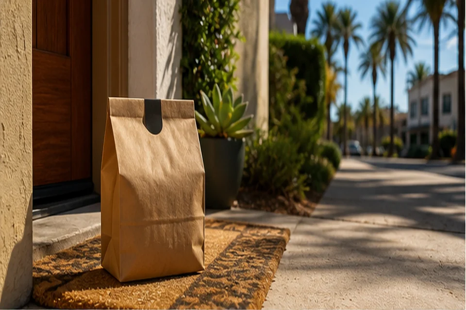Sealed delivery bag at a sunny San Diego doorstep