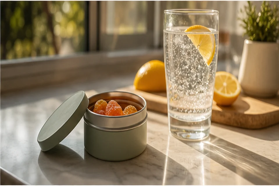 Sealed edible tin and sparkling drink on a bright kitchen counter
