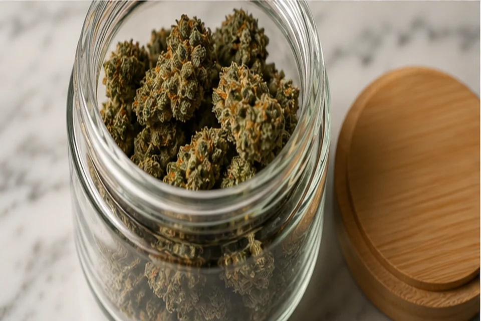 Close-up of cannabis flower in a clear jar on a clean counter