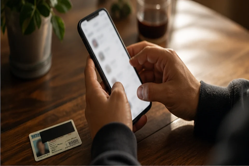 Adult hands reviewing an online order with an ID card nearby